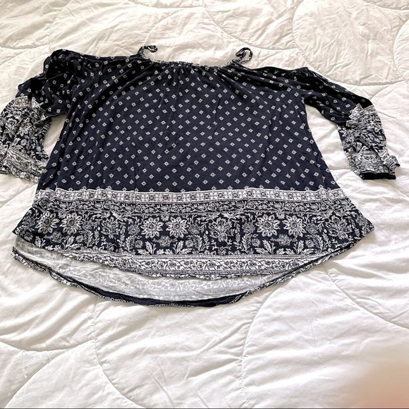 Passport Tops - Passport -Navy Blue Floral peek a boo shoulder top